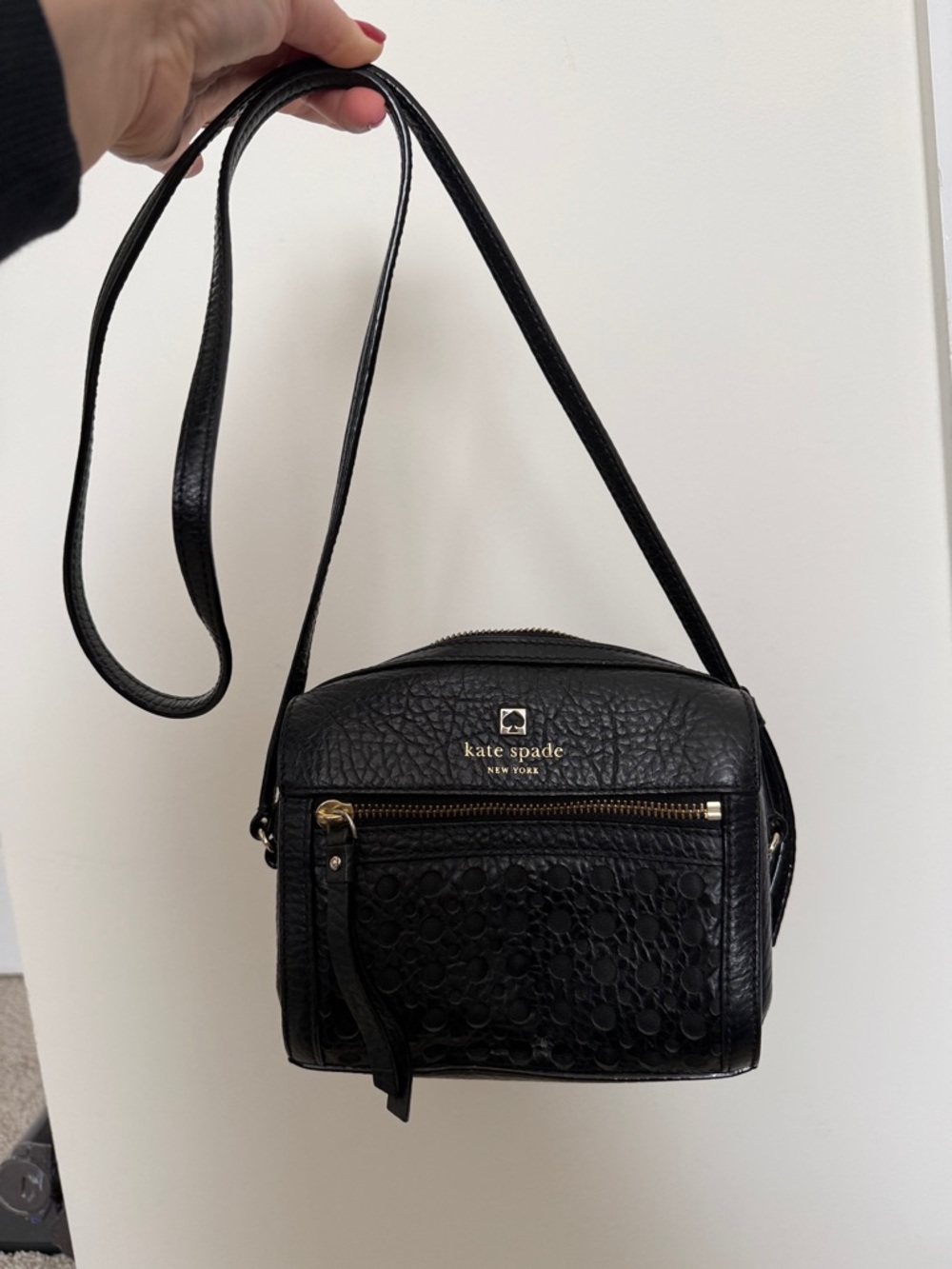 kate spade Black Pebbled Leather Crossbody with Floral Appliqué